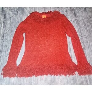 Hearts of Palm Red Fuzzy Fringe Trim Long Sleeve‎ Crew Neck Sweater Y2K Medium